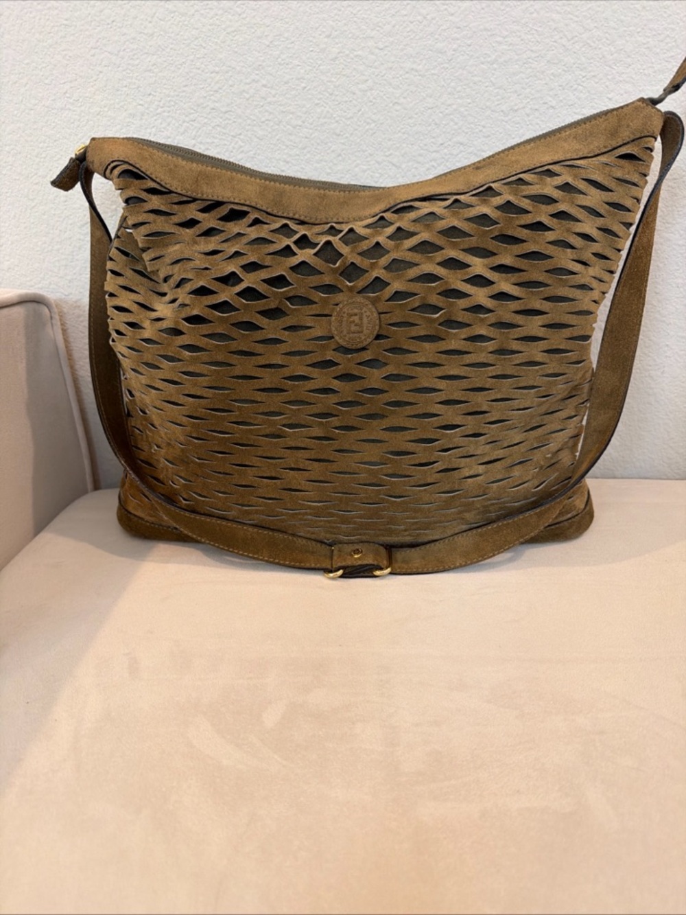 Vintage Fendi Suede Hobo Bag Tan Cutout Leather + Coin Purse